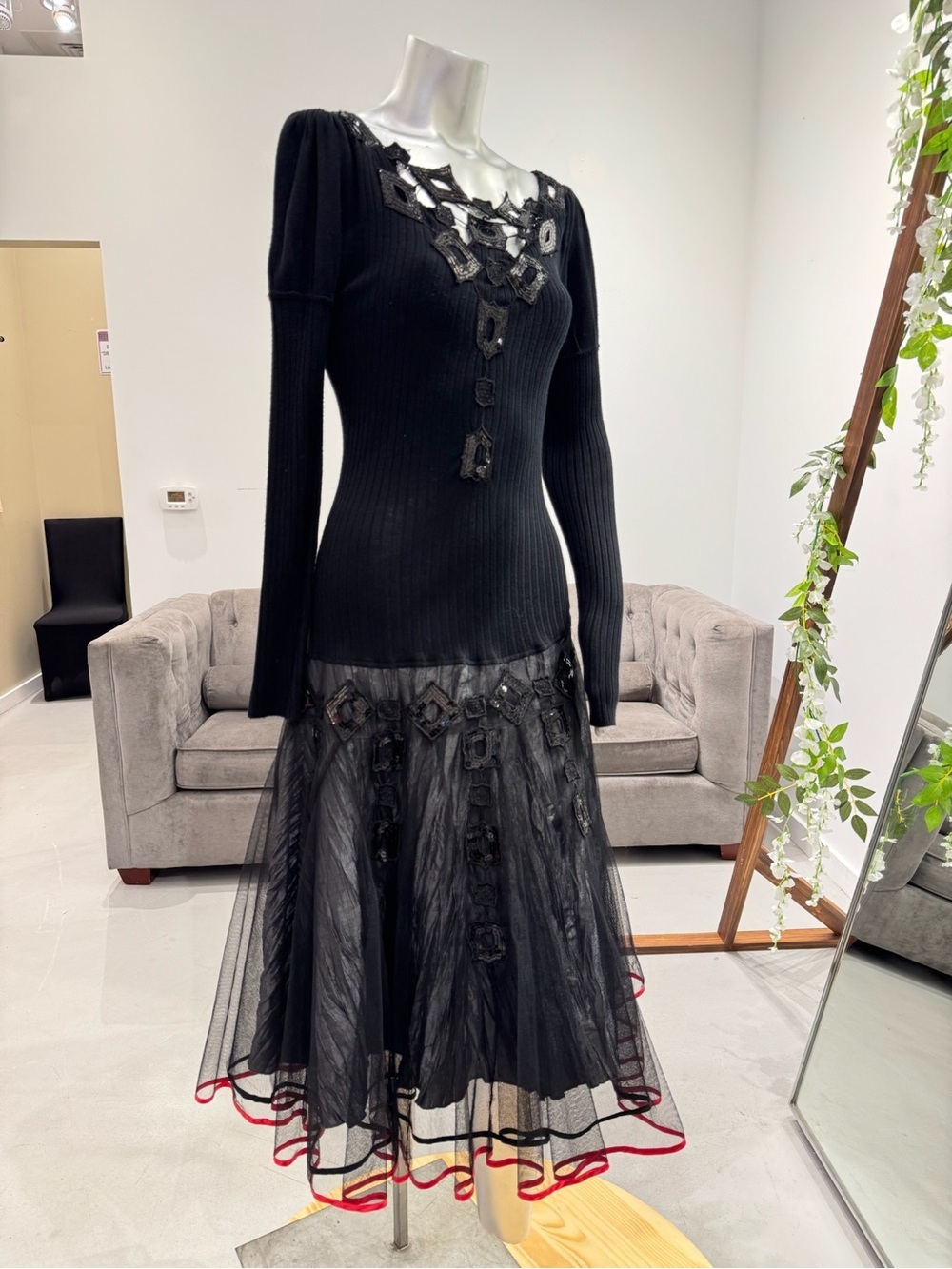 Upcycled Black Embellished Midi Dress by Runway Recycled